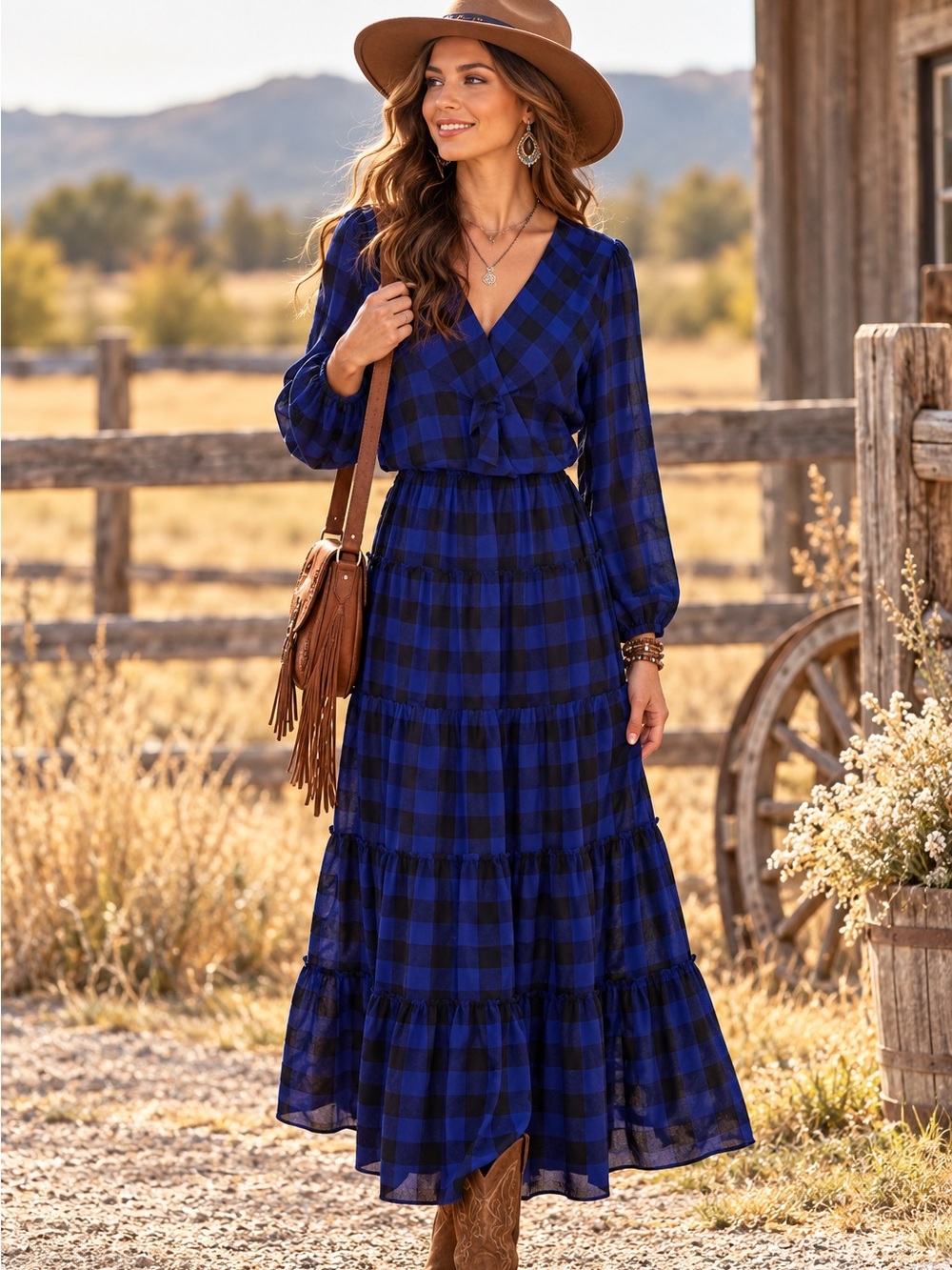 LAUREN Ralph Lauren Cobalt & Black Buffalo Check Plaid Long Sleeve Maxi Dress 14